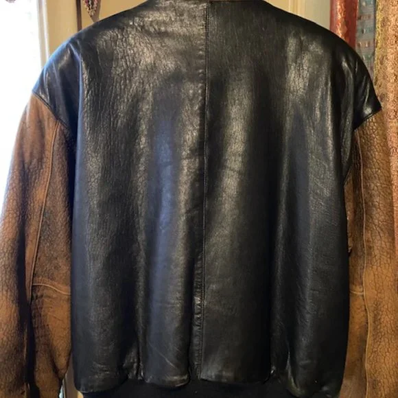 Vintage 80's Fog City Leather Two Tone Black/Brown Bomber Jacket -Large - Picture 2 of 14
